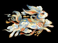 Decorative rabbit with flowing ornamental patterns in blue, gold, and orange tones, isolated on transparent background for t-shirt design, clipart, stickers, and print-on-demand products.
