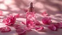 Pink glass dropper bottle with rose essential oil surrounded by fresh rose petals and soft shadows on pink background, luxury skincare and aromatherapy concept.