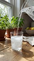 Water being poured into a glass filled with ice on a wooden kitchen counter near potted herbs, fresh fruit bowl, and sunny window, suitable for beverage, wellness, and lifestyle content.