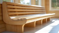 Modern wooden bench with curved design and horizontal slats mounted to wall in sunlit corridor, minimalist architectural interior element for public spaces.