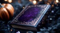 Mysterious purple leather book with ornate silver decorative patterns on dark background with bokeh lights and pumpkin, creating magical Halloween atmosphere.