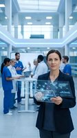 Professional businesswoman holding digital tablet with data analytics in modern hospital corridor with medical staff working in background.