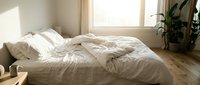 Unmade bed with white linens and pillows in bright bedroom with wooden floor, potted plant, and natural sunlight from window for home decor and lifestyle content.