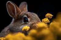 Adorable brown bunny with bright blue eyes peeking through yellow flowers against dark background, close-up nature photography showing rabbit's curious expression.