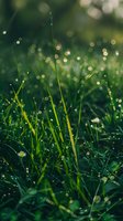Fresh morning dew drops sparkle on green grass blades with small white daisies in soft sunlight creating magical bokeh effect in garden landscape.