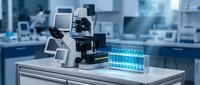 Modern laboratory microscope with digital display screen and blue test tube rack on white table in sterile research facility for scientific analysis.