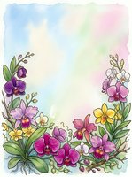 Watercolor orchid border frame with colorful blooms in purple, pink, yellow and white on soft pastel background with copy space.