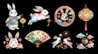 Lunar new year rabbit character with lantern, jumping bunny, decorative fan, ornamental lantern, festive bunny with flowers, folding fan, fireworks with flowers, and hanging lantern isolated on transparent background. Ready for t-shirt design, clipart, stickers, print-on-demand, and sublimation projects.