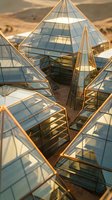 Futuristic glass pyramids with golden frames casting geometric shadows on desert sand, showcasing sustainable architecture and renewable energy concepts for design projects.