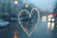 Heart drawn on rainy window glass with water drops and blurred city lights in background creating romantic atmospheric mood during evening rainfall.