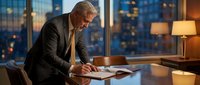 Senior Caucasian businessman in suit working late at office desk with city skyline view through windows. Executive reviewing documents in modern workplace.