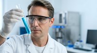 Middle-aged Caucasian male scientist in white lab coat and safety glasses examining blue liquid in test tube during laboratory research experiment.