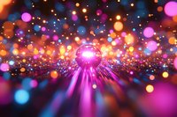 Glowing sphere emitting bright pink light rays with colorful bokeh effect and sparkles on dark background, creating magical atmosphere for festive designs.