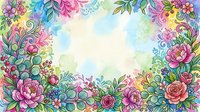 Colorful watercolor floral frame with roses, peonies, and swirling botanical elements on a soft pastel background with copy space.