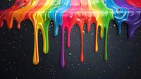 Vibrant rainbow paint drips against dark starry background, featuring flowing liquid streams in red, orange, yellow, green, blue and purple colors creating cosmic melting effect.