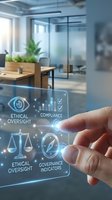 Businessperson interacting with holographic interface displaying ethical oversight, compliance, and governance indicators in modern office environment with glass partitions and natural light.