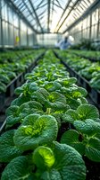 Fresh green leafy vegetables growing in rows inside modern greenhouse with natural lighting and blurred farmer working in background for sustainable agriculture.