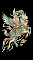 Ornate mythical winged goat with elaborate gold, blue, and red decorative patterns, isolated on transparent background. Ready for t-shirt design, clipart, stickers, sublimation, and print-on-demand products.