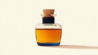 Small decorative glass bottle with cork stopper containing amber liquid casting soft shadow on beige background, suitable for luxury product photography.