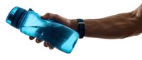 Athlete with dark skin tone holding blue water bottle during workout or hydration break, isolated on white background for fitness and wellness design use.