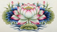Ornate lotus flower with decorative feathers in pink, blue and green colors on light background for spiritual and wellness designs.