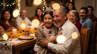 Multi-generational Hispanic family celebrating Thanksgiving dinner together with grandfather hugging granddaughter at festive table with warm lighting.