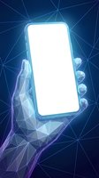 Futuristic holographic hand holding smartphone with blank white screen on blue polygonal background for digital technology mockup presentations.
