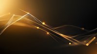 Glowing golden waves with light particles flow across dark background creating elegant abstract design for luxury presentations and backgrounds.