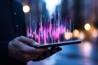 Digital visualization of audio waves emerging from smartphone screen held by person at night, glowing pink and blue holographic equalizer display against bokeh lights.
