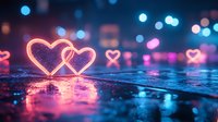 Glowing neon heart shapes reflected on wet surface with colorful bokeh lights creating romantic atmosphere. Pink and blue urban night background with love symbols.