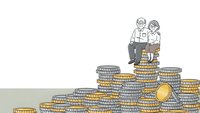 Senior couple sitting on stacks of coins representing retirement savings and financial planning for elderly people isolated on white background.