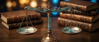 Ornate bronze scales of justice with decorative metalwork on wooden desk surrounded by leather-bound law books in warm library setting for legal concepts.