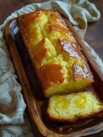 Freshly baked lemon pound cake with glossy citrus glaze on wooden serving board, one slice cut to show moist, tender crumb texture and bright yellow interior.
