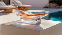 Modern glass bowl with flowing organic shape contains orange liquid, casting warm reflections and shadows on white surface in natural sunlight.