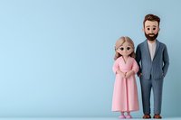 Stylized couple figurines on blue background - man in gray suit and woman in pink dress standing together, minimalist decorative characters.