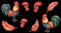Rooster heads, feathers, and full-body roosters isolated on transparent background. Ready for t-shirt design, clipart, stickers, sublimation, and print-on-demand products.
