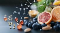 Fresh citrus fruits, blueberries, supplements and vitamin molecular structure on dark background. Natural antioxidants and immune system boosters concept.