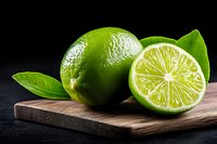 Fresh green limes with leaves on wooden cutting board against dark background, whole and halved citrus fruit showing juicy pulp texture.