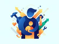 Business growth and development concept with professional figure surrounded by upward arrows, tools and success symbols on light background.