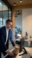 Middle-aged Caucasian businessman analyzing digital data hologram on laptop in modern office workspace for technology and business analytics concepts.