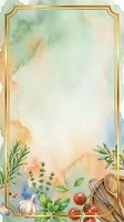 Watercolor culinary frame with fresh herbs, garlic, tomatoes, and kitchen utensils on soft pastel background. Isolated design element ready for menus, recipes, cooking blogs, and food-related projects.