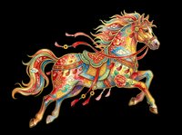 Ornate decorative horse with vibrant multicolored patterns, flowing mane and tail isolated on transparent background. Ready for t-shirt design, clipart, stickers, sublimation and print-on-demand projects.