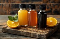 Fresh orange juice and natural syrups in glass bottles on rustic wooden board with citrus slices and mint leaves, dark background with copy space.