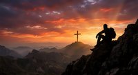 Silhouette of contemplative man sitting on mountain peak at dramatic sunset with cross symbol against orange sky and layered mountain ranges.