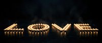 Candles arranged to spell the word LOVE glowing warmly on a dark background, creating a romantic and intimate atmosphere for Valentine's Day.