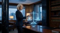 Professional blonde businesswoman attorney examining holographic scales of justice in modern law office with city skyline view and legal books.