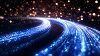 Glowing blue light trails curve through dark space with floating bokeh particles creating magical atmosphere for technology and communication concepts.