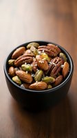 Mixed nuts with sea salt in black bowl on wooden table featuring almonds, pecans, and pistachios for healthy snacking and gourmet food photography.