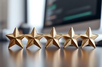 Five golden metallic stars in a row on reflective surface with blurred background, representing excellence rating, quality service and top performance review.