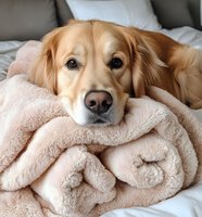 Golden retriever dog resting on soft pink blanket in cozy bedroom setting. Comfortable pet relaxation and home lifestyle concept for pet care content.